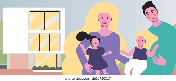 Family home with parents and baby girl, flat vector stock illustration like Authentic Family and sweet home