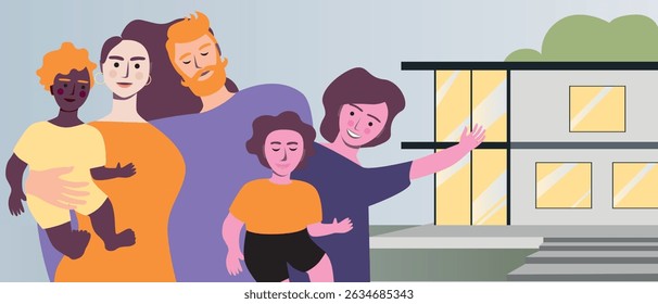 Family home with parents, multicultural son and daughter, flat vector stock illustration with adopted children
