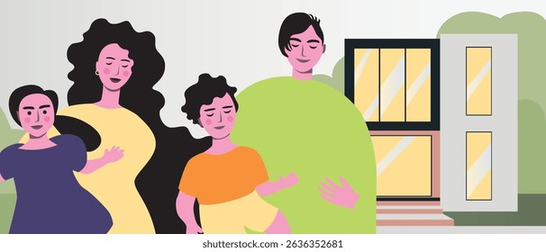 Family home with parents, son and daughter, flat vector stock illustration as happy Authentic Family