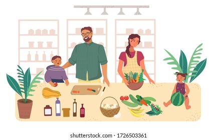 Family at home preparing food in the kitchen vector illustration in flat style. Mom, dad and kids in the kitchen are preparing to eat and have fun. Isolation and homemade healthy food.