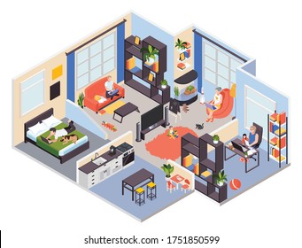 Family Home Remote Work With Laptop Isometric View Of Bedroom Living Room Mother With Baby Vector Illustration  