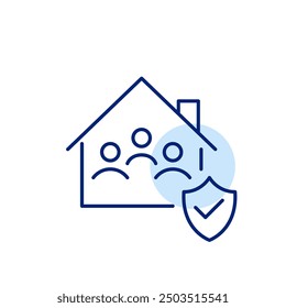 Casa familiar y escudo de seguridad con marca de verificación. Casa segura y protegida, entorno protegido. Icono de trazo perfecto y editable del píxel