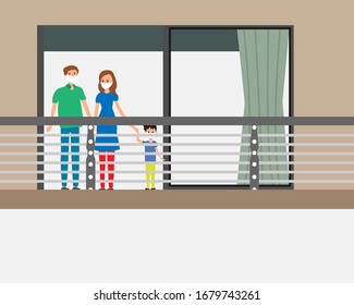 family at home staying on balcony wearing mask. husband, wife and kid outside, isolation, self quarantine, indoors, safety Covid-19 corona virus flat characters illustration