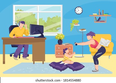 Family at home together concept vector illustration. Man working at home with computer, mother and daughter doing exercises and sport. Family in living room interior. Room indoor.