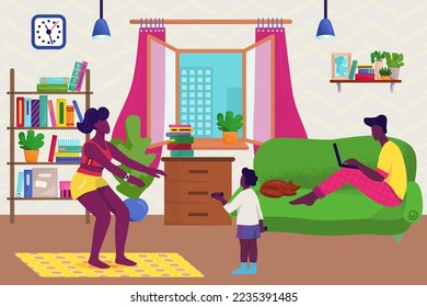 Family at home together concept vector illustration. Dark skinned man working at home with laptop, mother and daughter doing exercises and sport.