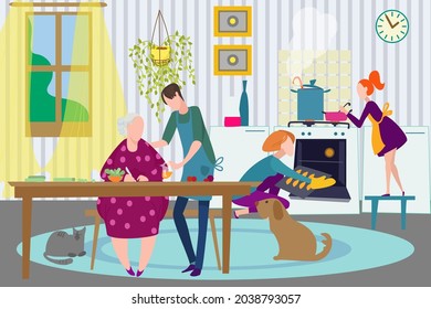 Family at home together, vector illustration. Happy grandmother, mother, father, kid character cook dinner at kitchen, woman use oven.