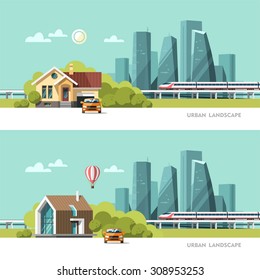 Family home. Traditional and modern house. Cityscape background. Urban landscape. Downtown with skyscrapers and railway. Vector flat illustration.