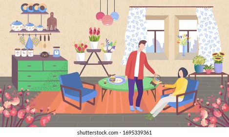 Family at home vector illustration. Cartoon flat couple characters in kitchen room of cozy apartment with houseplants in pots, husband pouring coffee into mug to his wife in home interior background