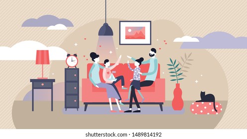 Family at home vector illustration. Flat tiny together joy persons concept. Cheerful evening happiness visualization with classical parents and children relationship. Comfort cozy apartment lifestyle.