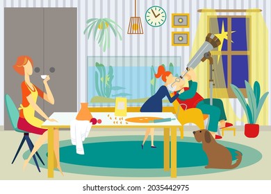 Family at home, vector illustration. Grandfather character look at telescope equipment with child girl, mother drink tea cup at table.