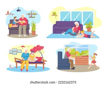 Family at home, vector illustration. Grandparents spend time with kid together, isolated on white set. Flat grandmother grandfather play with girl boy