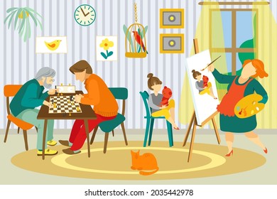 Family at home, vector illustration. Happy mother woman character draw daughter kid portrait, father man play chess with grandfather.
