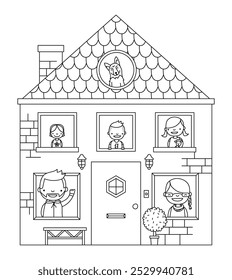 Family home vector line drawing illustration