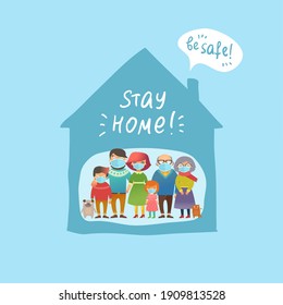 Family at home is wearing masks during coronavirus. Virus and illness protection, quarantine. COVID-19. A call to stay at home. Mother, Father, Daughter, Sun, Grandmother,  Grandfather, dog and cat.