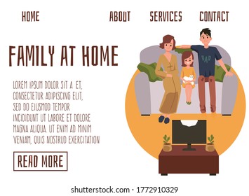 Family at home web page template with parents and child watching a movie on TV, flat vector illustration isolated on white background. Home holidays and family vacations.