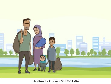 Family homeless or refugees, a man and a woman with children in the big city. Vector illustration with copy space.