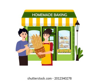 Family homemade baking business bundle of flat scenes. Owners and customers. Vector illustration EPS10
