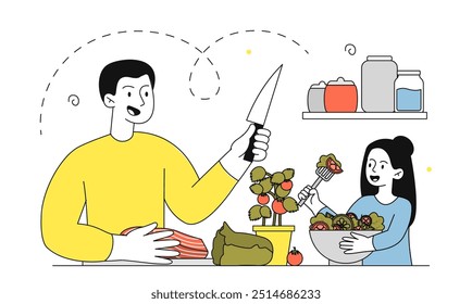 Família com comida caseira. Homem com faca e menina com tigela de salada. Comer bem com vitaminas. Dieta e nutrição adequadas. Ilustração de vetor linear isolada no plano de fundo branco