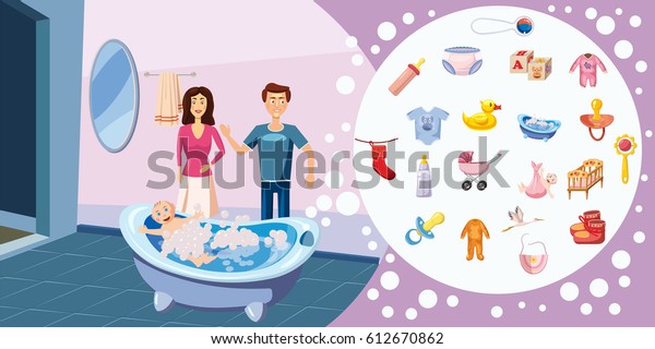 Family horizontal banner\
concept wash. Cartoon illustration of family wash vector horizontal\
banner for web