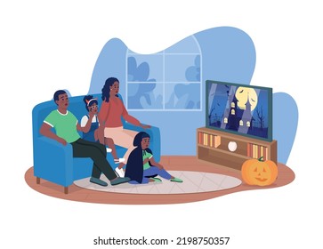 Family Horror Movie Night On Halloween 2D Vector Isolated Illustration. Parents And Children Flat Characters On Cartoon Background. Fright Colourful Editable Scene For Mobile, Website, Presentation