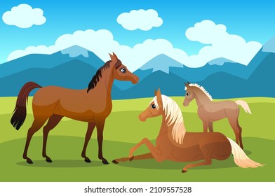 Familia de caballos en el pasto. Antecedentes con montañas en el fondo. Ilustración plana vectorial.