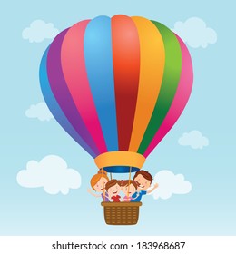 Family Hot Air Balloon Ride. Vector Illustration Of A Happy Family Riding A Hot Air Balloon.