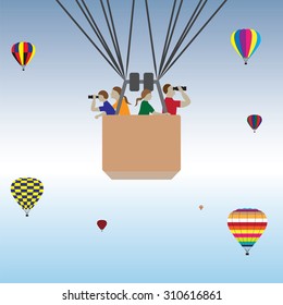 Family Hot Air Balloon Ride. Vector Illustration Of A Happy Family Riding A Hot Air Balloon.