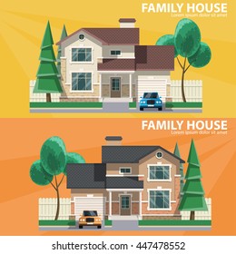 Family house. 2 houses, car and trees. Hearth and home. Flat design. For your project. Vector Illustration