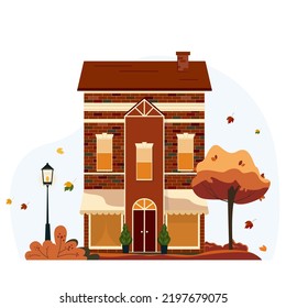 Family house in autumn. A building with a tree, a spruce and a lantern in the yard. Vector illustration for websites or promotional materials. Happy fall y'all