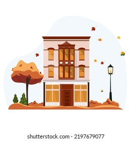 Family house in autumn. A building with a tree and lantern in the yard. Vector illustration for websites or promotional materials. Happy fall y'all