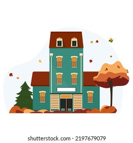 Family house in autumn. A building with a tree, a spruce and a lantern in the yard. Vector illustration for websites or promotional materials. Happy fall y'all