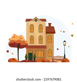 Family house in autumn. A building with tree, bench and a lantern in the yard. Vector illustration for websites or promotional materials. Happy fall y'all