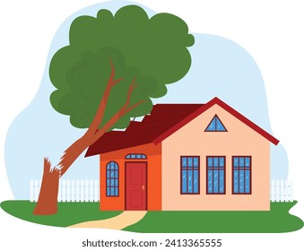 Family house with broken tree branch on roof after storm. Home damaged by fallen tree, insurance concept vector illustration.