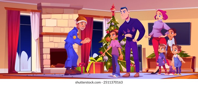 Family in house catch burglar man in living room near Christmas tree. Holiday decoration home scene with angry children and robber on carpet. Decorated apartment for xmas with gift panorama design