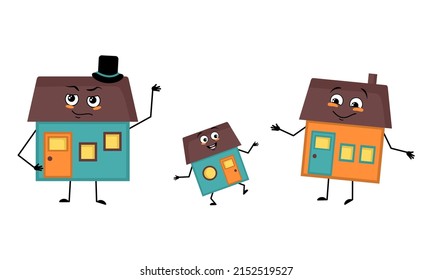 Family of house character with happy emotions, smile face, happy eyes, arms and legs. Mom is happy, dad is wearing hat and child with dancing pose. Vector flat illustration