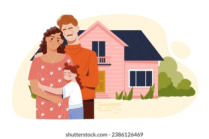 Family with house concept. Father and mother with kid near home. Comfort and coziness. Private property and real estate. Cartoon flat vector illustration isolated on white background