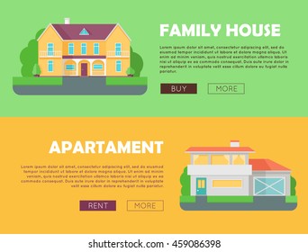 Family house concept. Modern apartment concept. Set of website templates. Modern apartment building in flat. Colorful residential hous. Home, building, house exterior, real estate, modern house.