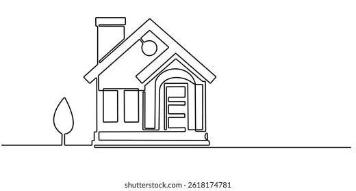 Family house in continuous line art drawing style. Love home concept. Suburban home minimalist black linear sketch isolated on white background. Vector illustration.