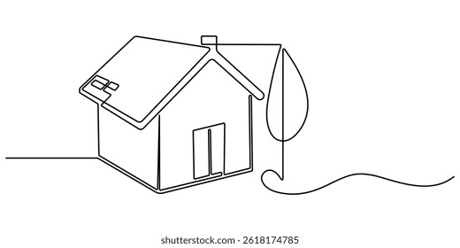 Family house in continuous line art drawing style. Love home concept. Suburban home minimalist black linear sketch isolated on white background. Vector illustration.