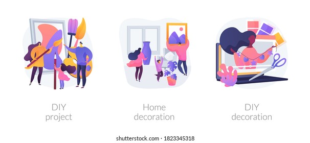 Family house decor abstract concept vector illustration set. DIY decoration project, home holiday indoor decorative ideas, craft gift, house design, online tutorial, handmade abstract metaphor.