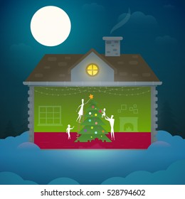 Family in house decorates Christmas tree. Vector illustration in modern flat style.