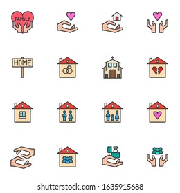 Family house filled outline icons set, line vector symbol collection, linear colorful pictogram pack. Signs, logo illustration, Set includes icons as sweet home, real estate, mother, father, valentine