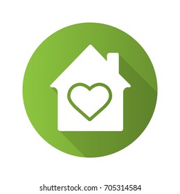 Family house flat design long shadow glyph icon. House with heart shape inside. Vector silhouette illustration