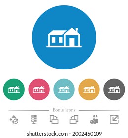 Family house flat white icons on round color backgrounds. 6 bonus icons included.