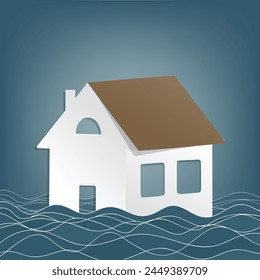 Family house is flooded by flooding and deluge. Natural disaster and catastrophe. Vector illustration of building and wave of water.