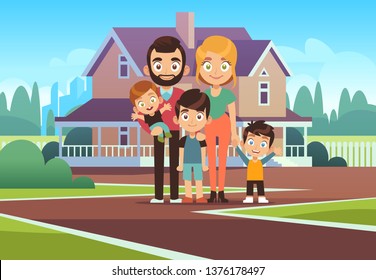 Family house. Happy young parents father mother son daughter kids outdoors front home building lifestyle. happiness purchase cartoon vector background