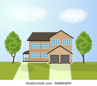 Family house. Home with garden. House in flat style. Day time landscape with cottage. Vector illustration.