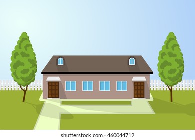 Family house. Home with garden. House in flat style. Day time landscape with cottage. Vector illustration.