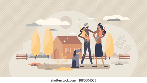 Family house as home property for couple with children vector illustration. Building ownership for living in countryside together parents with kids and dog vector illustration. Happy childhood scene.