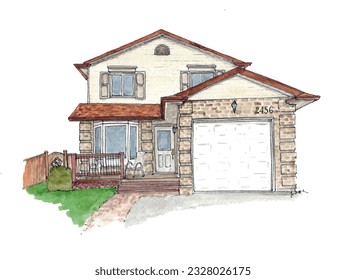 Family house, home, stone facade, garage, windows, deck, porch, windows. American home. Watercolor illustration. Isolated vector.